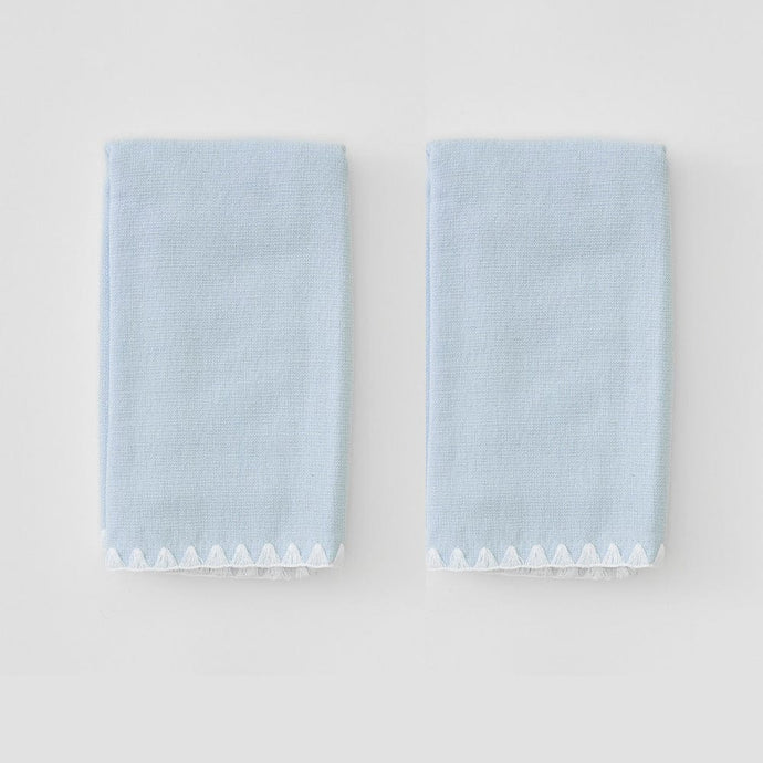 Weezie Towel - Stitched Edge Powder Bath Towels (pair),  White on Light Blue